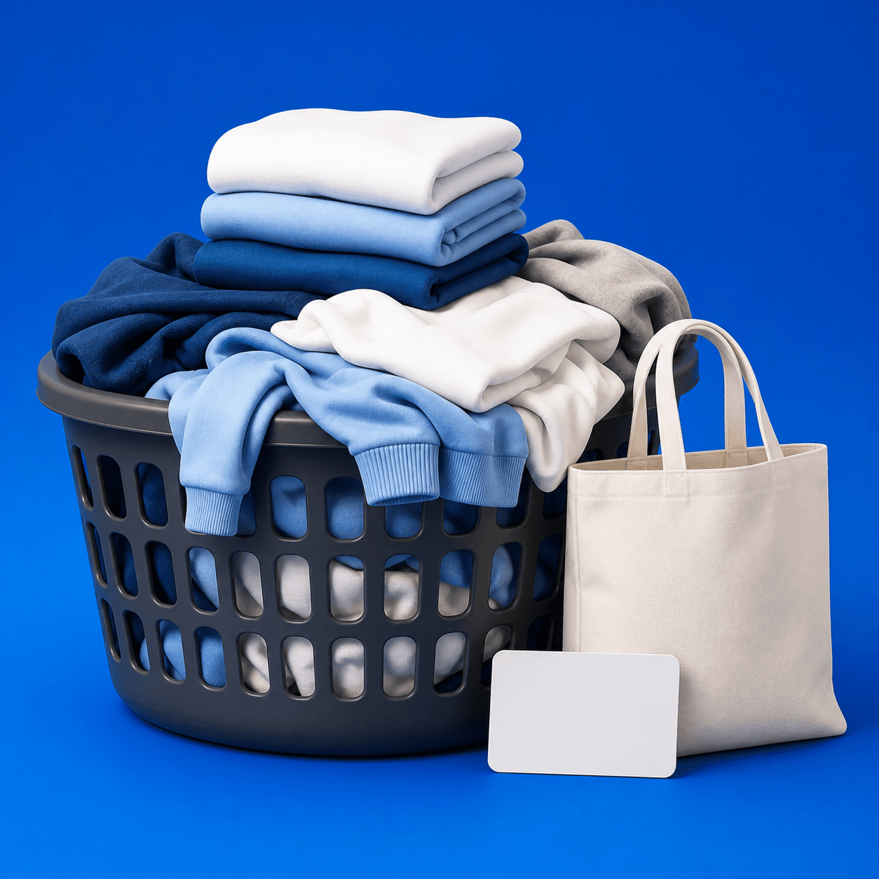 3D-Illustration eines vollen Wäschekorbs mit Stofftasche und blanker Karte