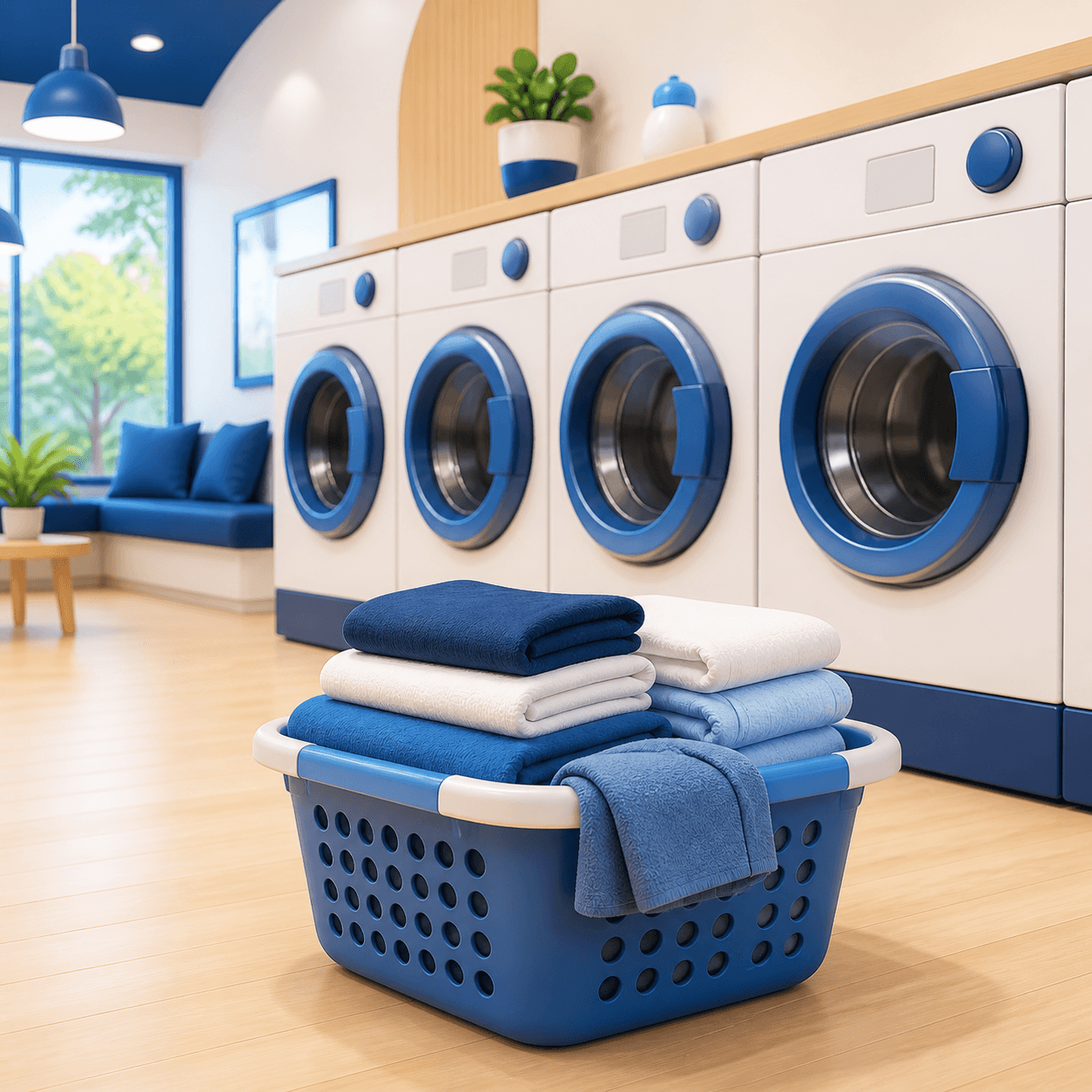 3D-Illustration eines Waschsalons mit Wäschekorb und Waschmaschinen