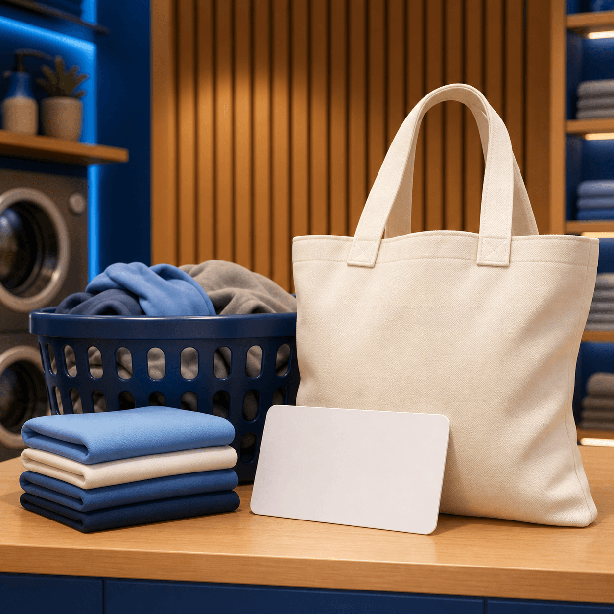 3D-Illustration einer blanken Mitgliedskarte mit Stofftasche und Wäsche