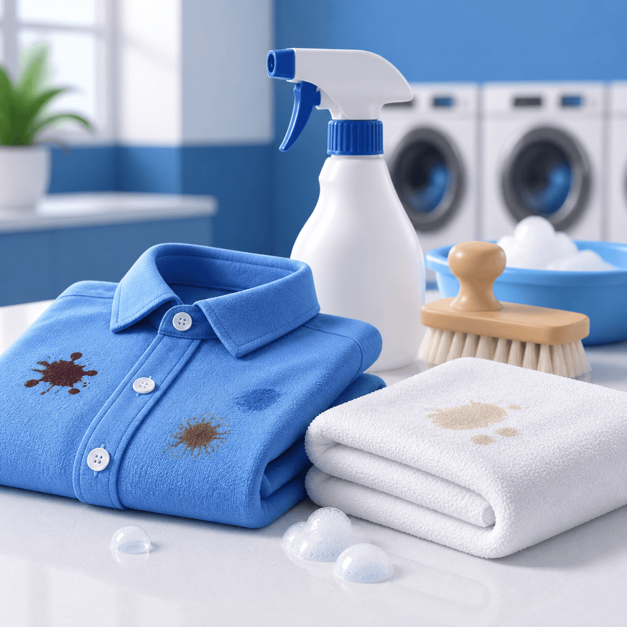 3D-Illustration von Fleckenentfernung mit Hemd, Handtuch und Reinigungsbürste
