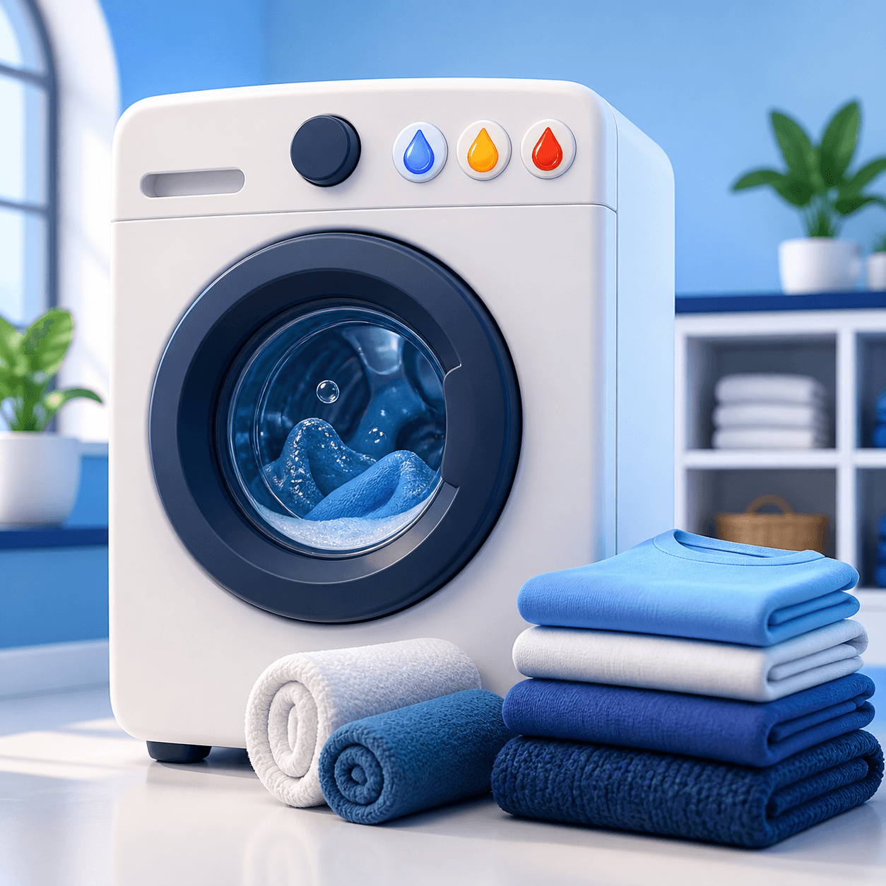 3D-Illustration einer Waschmaschine mit Temperatur-Symbolen und gefalteter Wäsche