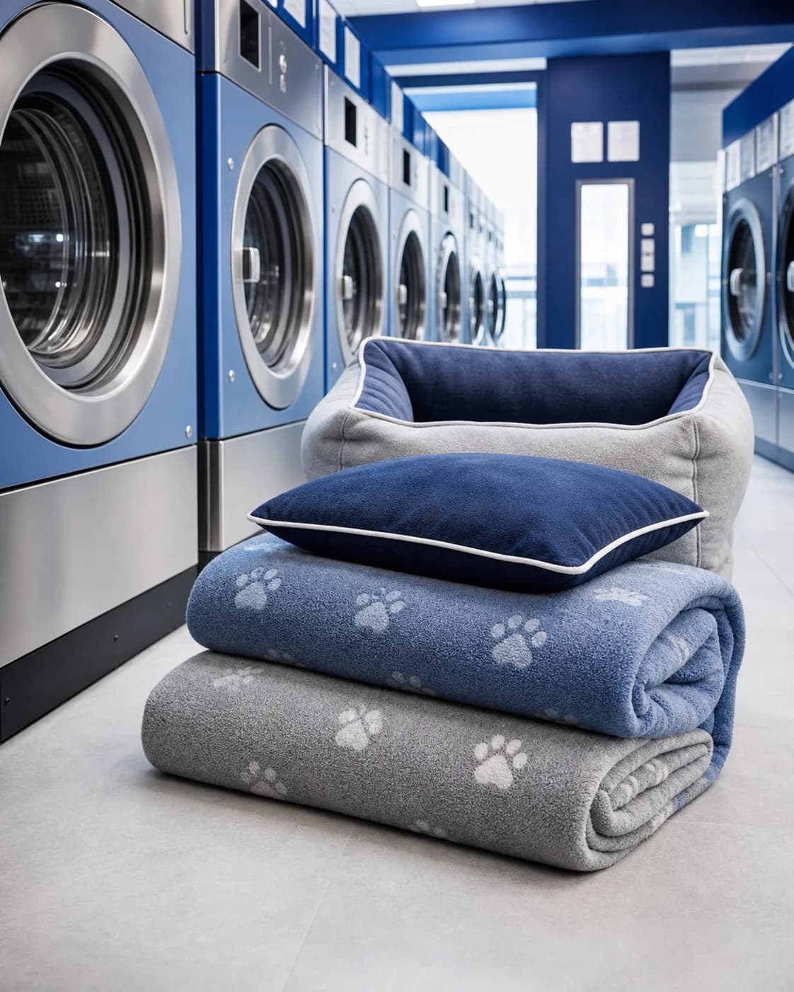 Hundedecke und Hundebett vor Waschmaschinen im Waschsalon