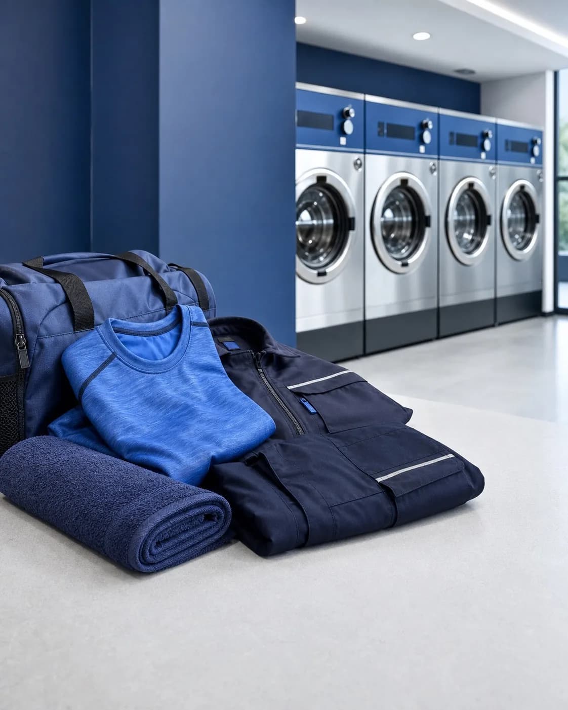 Sporttasche, Funktionsshirt, Handtuch und Arbeitsjacke vor einer Reihe Waschmaschinen