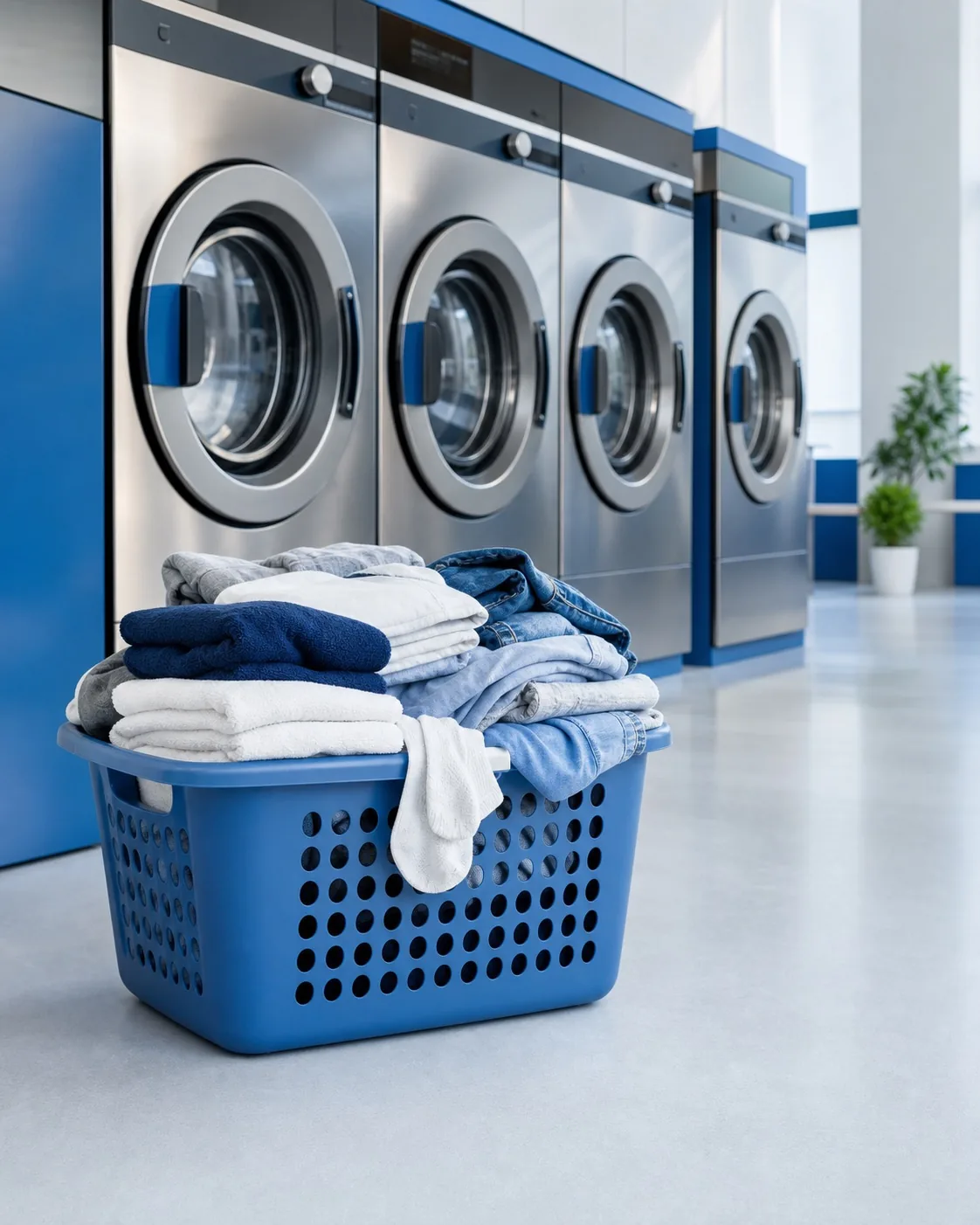 Blauer Wäschekorb mit Handtüchern, Jeans und Socken vor großen Waschmaschinen